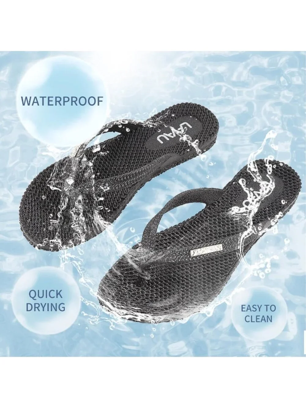 Women's Black Rubber Sole Waterproof Non Slip Flip Flops Flat Thong Sandals